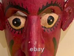 Vintage Mexican Folk Art Devil Red Wooden Carved Mask