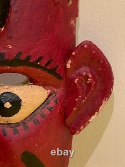 Vintage Mexican Folk Art Devil Red Wooden Carved Mask