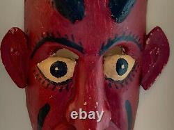 Vintage Mexican Folk Art Devil Red Wooden Carved Mask