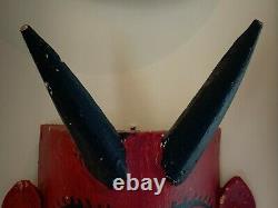 Vintage Mexican Folk Art Devil Red Wooden Carved Mask