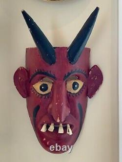 Vintage Mexican Folk Art Devil Red Wooden Carved Mask