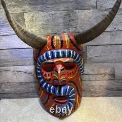 Vintage Mexican Folk Art Diablo Devil Mask Carved Wood REAL HORNS Snake Guerrero