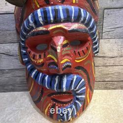 Vintage Mexican Folk Art Diablo Devil Mask Carved Wood REAL HORNS Snake Guerrero