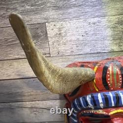 Vintage Mexican Folk Art Diablo Devil Mask Carved Wood REAL HORNS Snake Guerrero