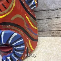 Vintage Mexican Folk Art Diablo Devil Mask Carved Wood REAL HORNS Snake Guerrero