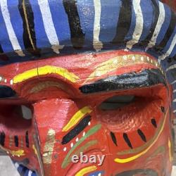 Vintage Mexican Folk Art Diablo Devil Mask Carved Wood REAL HORNS Snake Guerrero
