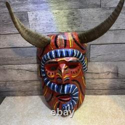 Vintage Mexican Folk Art Diablo Devil Mask Carved Wood REAL HORNS Snake Guerrero