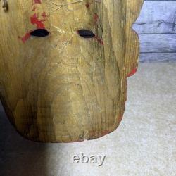 Vintage Mexican Folk Art Diablo Devil Mask Carved Wood REAL HORNS Snake Guerrero
