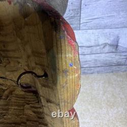 Vintage Mexican Folk Art Diablo Devil Mask Carved Wood REAL HORNS Snake Guerrero