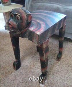 Vintage Mexican Folk Art Hand Carved & Painted Wooden Baboon BenchRARE