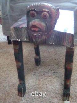 Vintage Mexican Folk Art Hand Carved & Painted Wooden Baboon BenchRARE