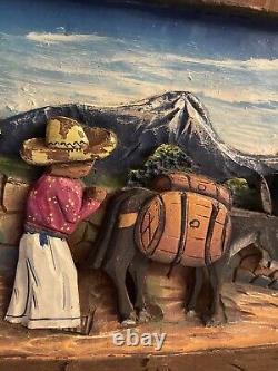 Vintage Mexican Folk Art Painting on Carved Wood Man Donkey Landscape 9.5 x 12