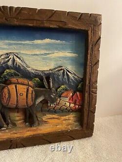 Vintage Mexican Folk Art Painting on Carved Wood Man Donkey Landscape 9.5 x 12