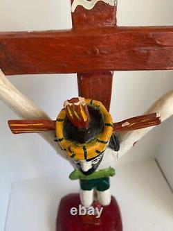Vintage Mexican Folk Art Primitive 25 Tall Wood Carved Crucifix, Jesus, Cross