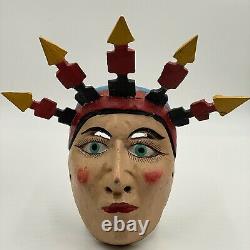 Vintage Mexican Folk Art Woman with Candle Headress Wooden Carved Mask