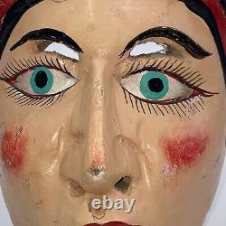 Vintage Mexican Folk Art Woman with Candle Headress Wooden Carved Mask