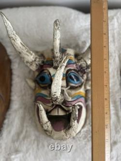 Vintage Mexican Folk Art Wood Carved Horned Devil Mask