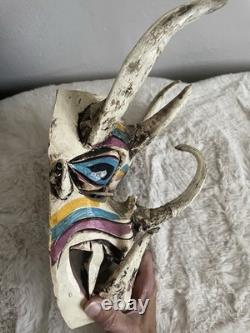 Vintage Mexican Folk Art Wood Carved Horned Devil Mask
