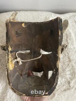 Vintage Mexican Folk Art Wood Carved Horned Devil Mask