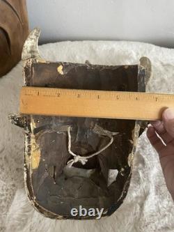 Vintage Mexican Folk Art Wood Carved Horned Devil Mask