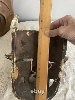 Vintage Mexican Folk Art Wood Carved Horned Devil Mask