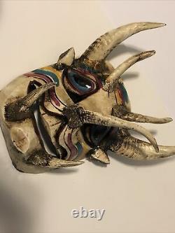Vintage Mexican Folk Art Wood Carved Mask Horned Horns Face Devil