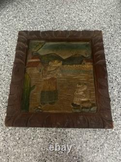 Vintage Mexican Folk Art Wood Carving Bas Relief 8 X 10 One Piece Wall Hanging