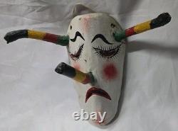 Vintage Mexican Hand Carved Wooden Devil Mask with Horns Folk Art Guatemala