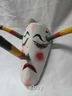 Vintage Mexican Hand Carved Wooden Devil Mask with Horns Folk Art Guatemala