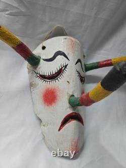Vintage Mexican Hand Carved Wooden Devil Mask with Horns Folk Art Guatemala