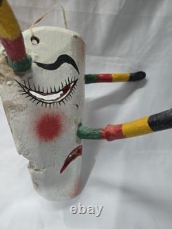 Vintage Mexican Hand Carved Wooden Devil Mask with Horns Folk Art Guatemala