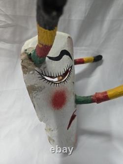 Vintage Mexican Hand Carved Wooden Devil Mask with Horns Folk Art Guatemala