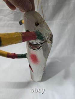 Vintage Mexican Hand Carved Wooden Devil Mask with Horns Folk Art Guatemala