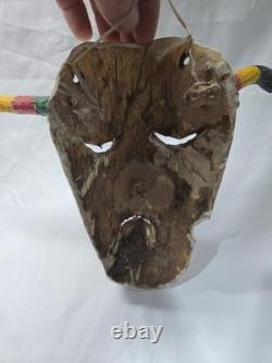 Vintage Mexican Hand Carved Wooden Devil Mask with Horns Folk Art Guatemala