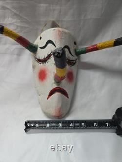 Vintage Mexican Hand Carved Wooden Devil Mask with Horns Folk Art Guatemala