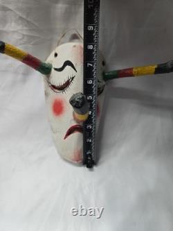 Vintage Mexican Hand Carved Wooden Devil Mask with Horns Folk Art Guatemala
