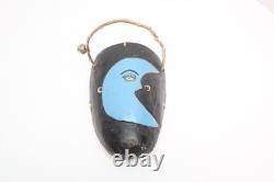 Vintage Mexican Mask Carved Painted Wood Blue Moon Face Mask Guerrero Folk Art
