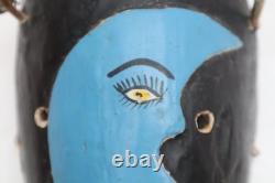 Vintage Mexican Mask Carved Painted Wood Blue Moon Face Mask Guerrero Folk Art