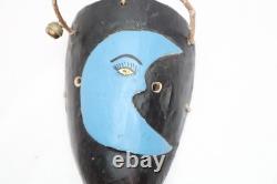 Vintage Mexican Mask Carved Painted Wood Blue Moon Face Mask Guerrero Folk Art