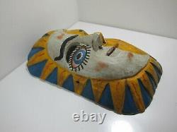 Vintage Mexican Mask Carved Wood Sun Moon Yellow Teal Folk Art