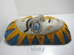 Vintage Mexican Mask Carved Wood Sun Moon Yellow Teal Folk Art