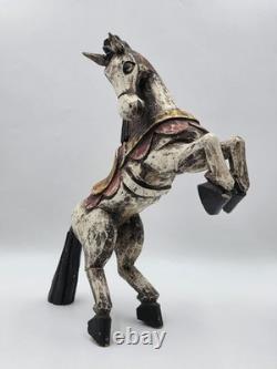 Vintage Mexico Folk Art Rearing Horse Hand Carved & Painted Wood Sculpture Read