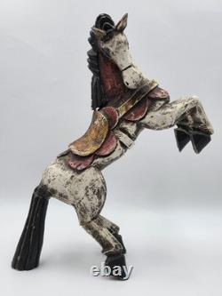 Vintage Mexico Folk Art Rearing Horse Hand Carved & Painted Wood Sculpture Read