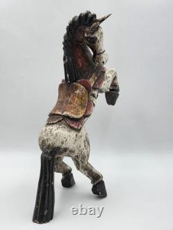Vintage Mexico Folk Art Rearing Horse Hand Carved & Painted Wood Sculpture Read