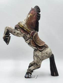 Vintage Mexico Folk Art Rearing Horse Hand Carved & Painted Wood Sculpture Read