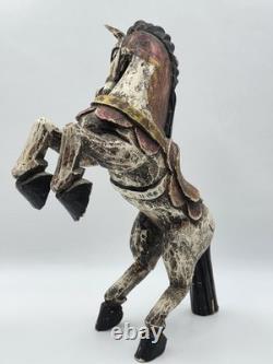Vintage Mexico Folk Art Rearing Horse Hand Carved & Painted Wood Sculpture Read