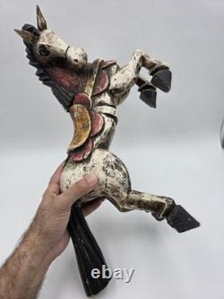 Vintage Mexico Folk Art Rearing Horse Hand Carved & Painted Wood Sculpture Read