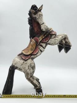 Vintage Mexico Folk Art Rearing Horse Hand Carved & Painted Wood Sculpture Read
