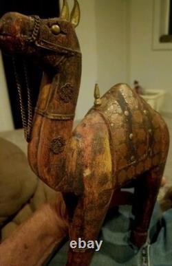 Vintage Mid-Century Indian Carved Wood Camel Statue Brass Copper Inlay Folk Art