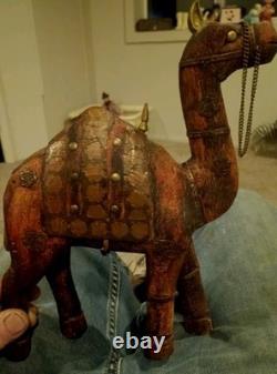 Vintage Mid-Century Indian Carved Wood Camel Statue Brass Copper Inlay Folk Art